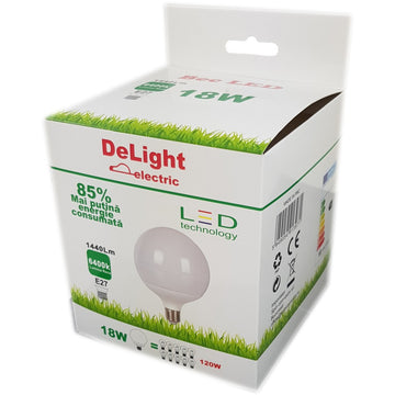 Bec LED E27 G120 18W (120W Echivalent) cu Lumina Rece 6400K – Soluție de Iluminat Eficient pentru Acasă și Birou