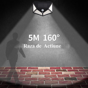 Proiector LED cu Panou Solar și Senzor de Mișcare – Lumini Exterioare cu 100 LED-uri pentru Securitate și Iluminat în Grădină sau Curte