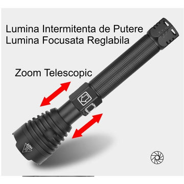 Lanterna Profesională LED XHP90 cu Acumulatori Inclusi și Încărcare USB – Ideală pentru Pază, Protecție, Vânătoare și Pescuit