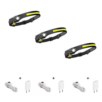 Set 3 Bucati Lanterna de cap LED Flexibila Profesionala, Led COB & XPE Puternic, Acumulator Inclus, Rezistenta la Apa, Senzor Miscare, 4 moduri lumina, Perfecta pentru Pescuit, Vanatoare, Camping, Alergare, Incarcator Inclus, Negru