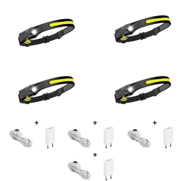 Set 4 Bucati Lanterna de cap LED Flexibila Profesionala, Led COB & XPE Puternic, Acumulator Inclus, Rezistenta la Apa, Senzor Miscare, 4 moduri lumina, Perfecta pentru Pescuit, Vanatoare, Camping, Alergare, Incarcator Inclus, Negru