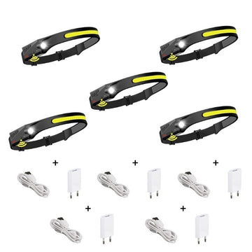 Set 5 Bucati Lanterna de cap LED Flexibila Profesionala, Led COB & XPE Puternic, Acumulator Inclus, Rezistenta la Apa, Senzor Miscare, 4 moduri lumina, Perfecta pentru Pescuit, Vanatoare, Camping, Alergare, Incarcator Inclus, Negru