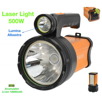 Lanterna Profesională VTM cu Laser LED 500W Alb/Albastru și Carcasă Portocalie – Iluminare Eficientă pentru Activități Exterioare și Camping