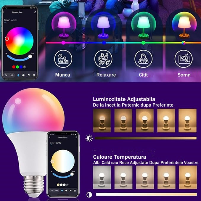 Bec RGB+CCT cu Led Inteligent, 15W, Tuya, Control din Aplicatie, Autonomie 50000 de ore, Lumina Calda si Rece, Control Vocal, WiFi 2.4 GHz, 14cm, Alb - Frize