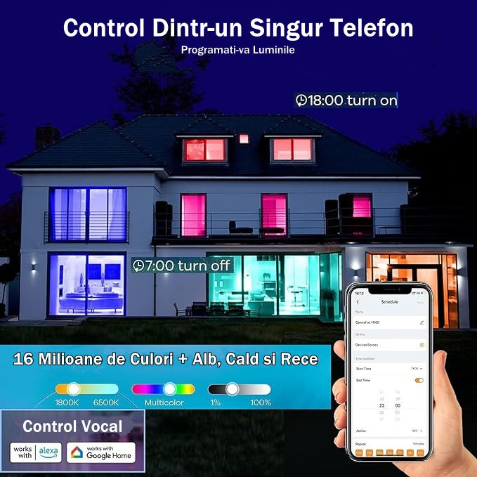 Bec RGB+CCT cu Led Inteligent, 15W, Tuya, Control din Aplicatie, Autonomie 50000 de ore, Lumina Calda si Rece, Control Vocal, WiFi 2.4 GHz, 14cm, Alb - Frize