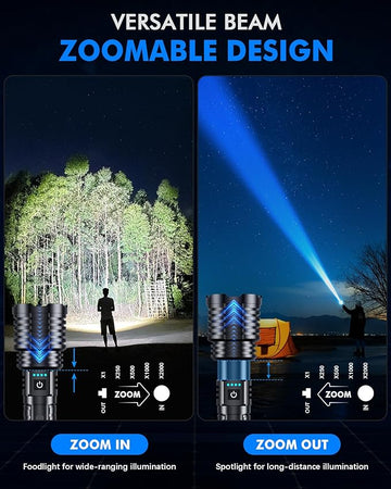Lanterna Profesională VTM® cu LED, Încărcare Type-C și 4 Acumulatori Inclusi – Iluminare până la 1000m, Afișaj Baterie, 22cm, Ideală pentru Pescuit, Camping și Vânătoare, Culoare Negru