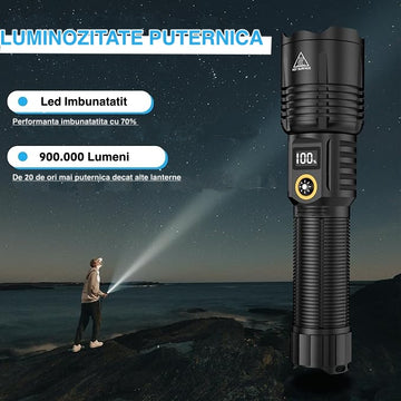 Lanterna Profesională VTM® cu LED și Încărcare Tip C/USB – Acumulator Inclus, Afișaj Procentaj Baterie, Iluminare pe 1000m, Ideală pentru Pescuit, Camping, Vânătoare, 33cm, Negru