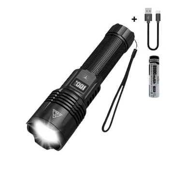 Lanterna Profesionala VTM.® cu Led, Incarcare Tip C, Acumulator Inclus, Afisaj Procentaj Baterie, Distanta de Iluminare 500M, Perfecta Pentru Pescuit, Protectie, Camping si Vanatoare, 17cm, Negru