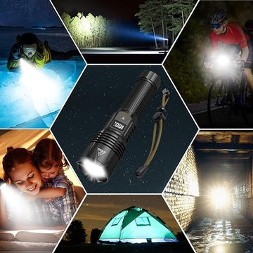 Lanterna Profesională VTM® cu LED și Încărcare Tip C – Acumulator Inclus, Afișaj Procentaj Baterie, Iluminare pe 500m, Ideală pentru Pescuit, Camping și Vânătoare, 17cm, Negru