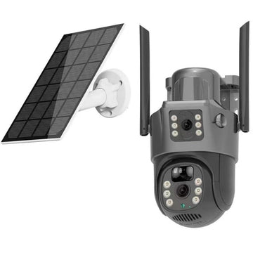 Camera de supraveghere dubla WIFI, 5MP, exterior, Ultra HD, 8X zoom, rotire, leduri lumina, comunicare bidirectionala, alarma, senzor miscare, Negru