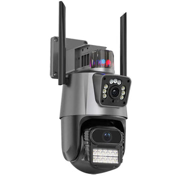 Cameră de Supraveghere Duală WiFi 8MP Ultra HD cu 5X Zoom, Rotire și LED-uri – Senzor de Mișcare, Comunicare Bidirecțională și Alarmă pentru Exterior și Interior, Argintie