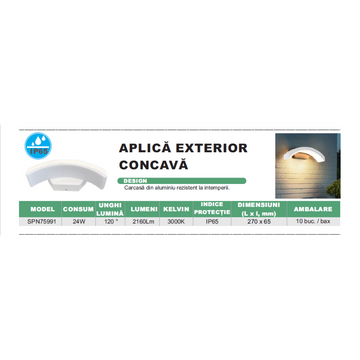 Aplica LED Exterior Albă 24W (Echivalent 160W) cu Lumina Caldă 3000K și 2160Lm – Iluminat Rezistent la Apă IP65 pentru Grădină și Terasă