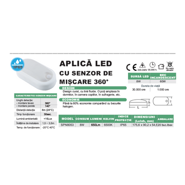 Aplica LED 8W cu Senzor de Mișcare 360° și Luminozitate 650Lm – Iluminat Exterior Rezistent la Apă IP65 pentru Grădină, Terasă sau Intrare
