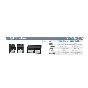Aplica LED cu Senzor de Mișcare și Panou Solar 5.5V/1.2W – Iluminare Exterioară 20W pentru Grădină, Terasă și Alei