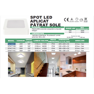 Spot LED Patrat Aplicat 300x300mm, 36W, 6500K – Lumina Rece pentru Iluminat Interior, Birouri sau Spații Comerciale