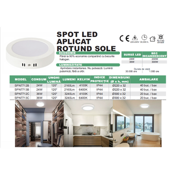 Spot LED Rotund Aplicat Ø220mm, 24W, 6500K - Iluminare Rece pentru Interior, Birou sau Spații Comerciale