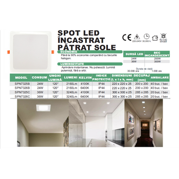 Spot LED Îngropat Patrat 220x220mm, 24W, 6500K – Lumină Rece pentru Iluminat Interior de Calitate