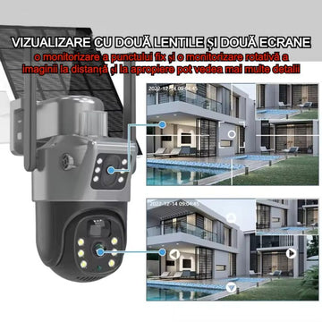 Cameră de Supraveghere Dublă WIFI 5MP Ultra HD cu 8X Zoom, Rotire și LED-uri – Comunicare Bidirecțională, Alarmă și Senzor de Mișcare pentru Exterior, Culoare Neagră