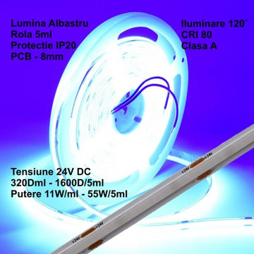 Bandă COB LED 24V - 8mm / 320 LED-uri/ml - 11W/ml, Albastru - Interior IP20 – Rola de 5m
