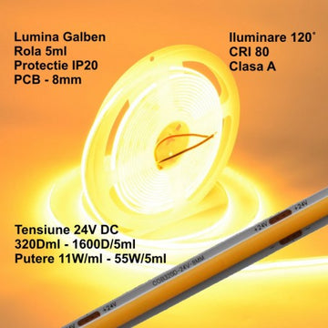 Bandă COB LED 24V - 8mm / 320 LED-uri/ml - 11W/ml, Galben - Interior IP20 – Rola de 5m
