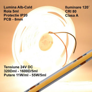 Bandă COB LED 24V - 8mm / 320 LED-uri/ml - 11W/ml, Alb Natural 3500K - 1200lm, IP20 pentru Interior – Rola de 5m