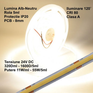 Bandă COB LED 24V - 8mm / 320 LED-uri/ml - 11W/ml, Alb Natural 4500K - 1200lm, IP20 pentru Interior – Rola de 5m