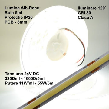 Bandă COB LED 24V - 8mm / 320 LED-uri/ml - 11W/ml, Alb Rece 6500K - 1200lm, IP20 pentru Interior – Rola de 5m