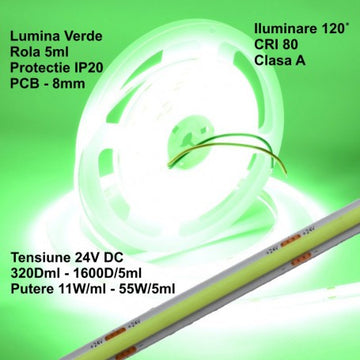 Bandă COB LED 24V - 8mm / 320 LED-uri/ml - 11W/ml, Verde - Interior IP20 – Rola de 5m
