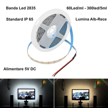 LED szalag 2835 - 5V kültéri, hideg-fehér, IP65, 60 LED méterenként - 5 méteres tekercs