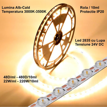 Led Strip 2835 nagyítóval - 24V - 480Led - 220W, IP20 meleg fehér fény 3500K, tekercs/10ml