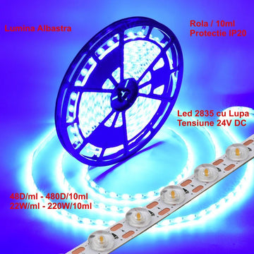 Led Strip 2835 nagyítóval - 24V - 480Led - 220W, IP20 kék fény, tekercs/10 ml