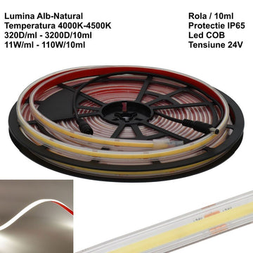 Led szalag 320 Cob - 24V - 10mm fehér-semleges 4500K, IP65 kültéri - tekercs/10ml