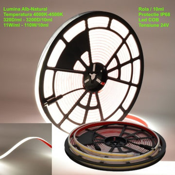 Bandă LED COB 320 - 24V - 11mm Alb Natural 4500K, IP68 Submersibilă – Rola de 10m