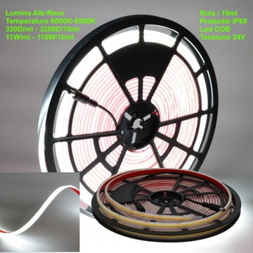 Bandă LED COB 320 - 24V - 11mm Alb Rece 6500K, IP68 Submersibilă – Rola de 10m