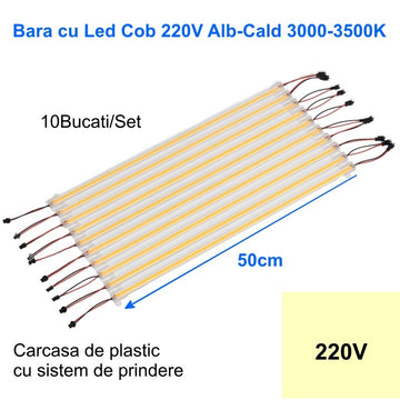 Set 10 BUC Bara LED COB 220V Alb-Cald 3500K, Dimensiune 50cm – Iluminat Eficient pentru Spații Interioare, Birou sau Acasă