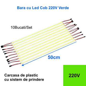 Set de 10 Bare LED COB 220V, 50cm Verde – Iluminare Eficientă pentru Spații Interioare și Exterioare