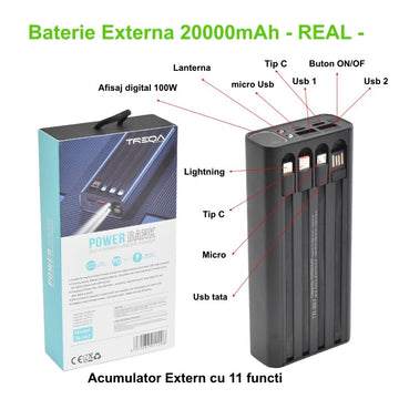 Külső akkumulátor 20000 mAh, 11 az 1-ben szupergyors, PD 100 W, USB, iPhone, mikro, Power-Bank TR-967