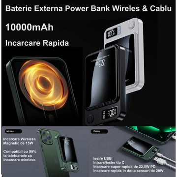 Baterie Externă Fast Wireless 10000mAh cu Încărcare Rapidă 22,5W – Power Bank Portabil pentru Smartphone-uri și Dispozitive Electronice