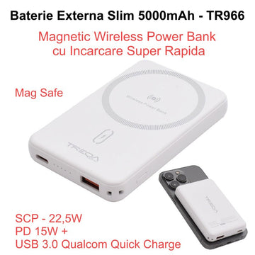 Külső akkumulátor 5000 mAh, Power Bank Slim - mágneses vezeték nélküli 15 W, USB / TR-966 / fehér
