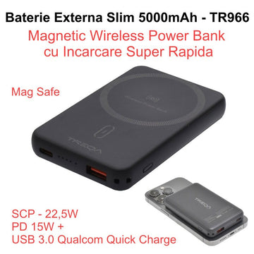 Külső akkumulátor 5000 mAh, Power Bank Slim - mágneses vezeték nélküli 15 W, USB / TR-966 / fekete
