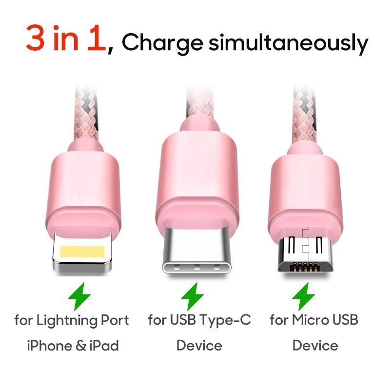 Cablu USB 3 in 1, Micro - Tip C - iPhone, Lungime 125 cm TRENQA - Frize