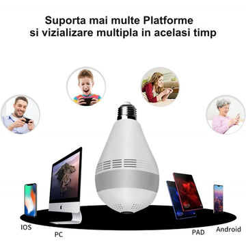 Cameră de Supraveghere 360˚ Tip Bec IP Wireless Full HD V380 – Securitate pentru Interior și Exterior cu Vizibilitate Nocturnă