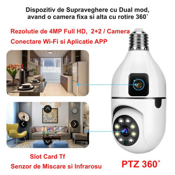 Camera de Supraveghere cu IP, Dual View PTZ 360˚ și Fixă - E27 / V380 Pro