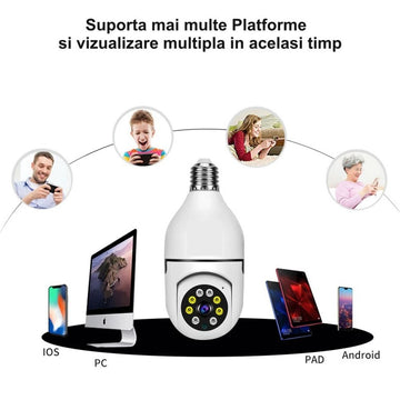 Cameră de Supraveghere IP PTZ 360˚ cu Wi-Fi E27/V380 Pro – Sistem de Monitorizare pentru Siguranța Locuinței și Biroului