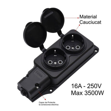 Cap de Prelungitor cu 2 Prize și Capac din Cauciuc, 3500W