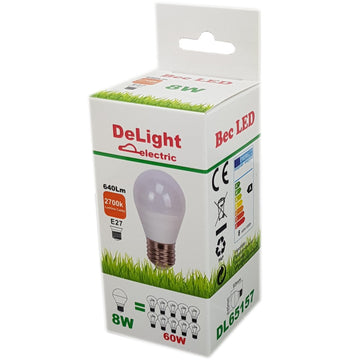 Bec LED Sferic E27 G45 8W (60W Echivalent) cu Lumina Caldă 2700K – Soluție de Iluminat Eficientă pentru Acasă și Birou