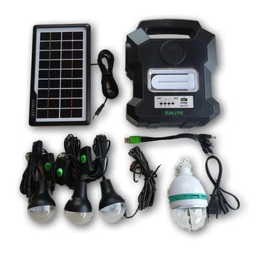 Sistem Solar cu Panou Solar si 4 Becuri LED SMD / Lanterna, Intrare Alimentator 110 – 220 V, Intrare USB, Intrare 9V, Incarcare 15 ore, Negru.