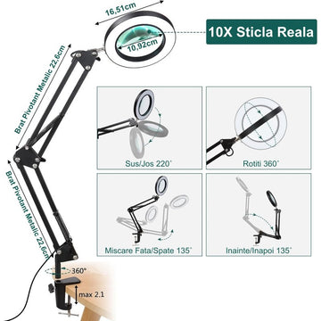 Lupă de Mărit 10X din Sticlă cu Clește de Prindere și 3 Tipuri de Lumină Reglabilă – Instrument Ideal pentru Citit, Hobby-uri și Detalii Fine