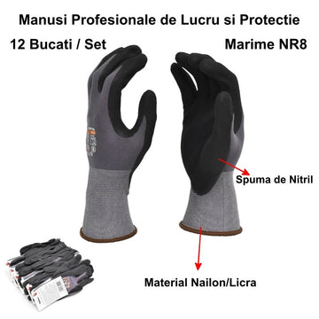 Mănuși de Lucru Profesionale cu Nitril NR8 - Set de 12 Bucăți pentru Protecție și Confort în Activități Industriale sau Muncă Manuală