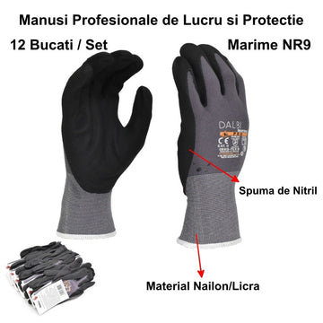 Mănuși de Lucru Profesionale cu Nitril NR9 - Set de 12 buc pentru Protecție și Confort în Ateliere, Muncă Manuală sau Industrie